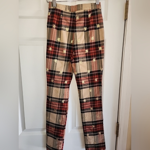 URBAN OUTFITTERS SZ 0 HIGH RISE PLAID PANT METALLIC BEE PRINT PANTS ACADEMIA - Picture 5 of 8